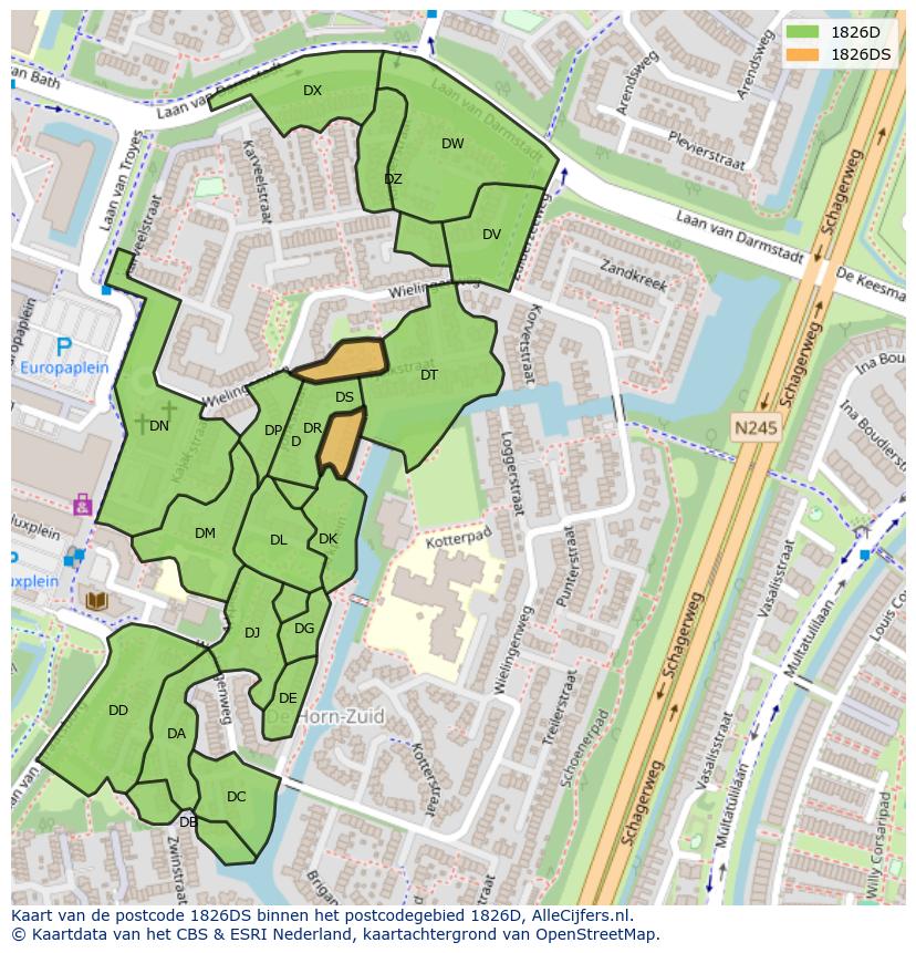 Afbeelding van het postcodegebied 1826 DS op de kaart.