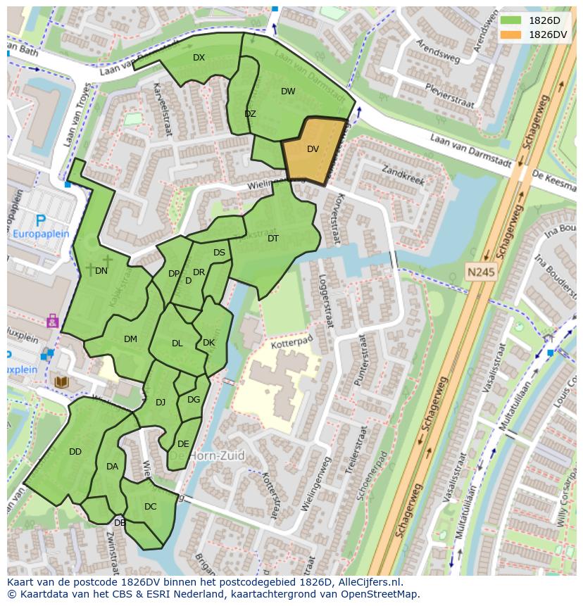 Afbeelding van het postcodegebied 1826 DV op de kaart.