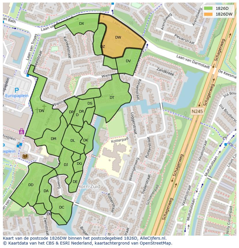 Afbeelding van het postcodegebied 1826 DW op de kaart.