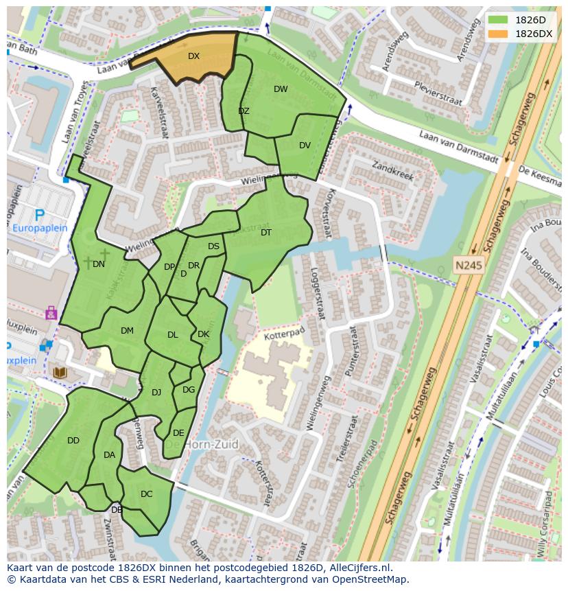 Afbeelding van het postcodegebied 1826 DX op de kaart.
