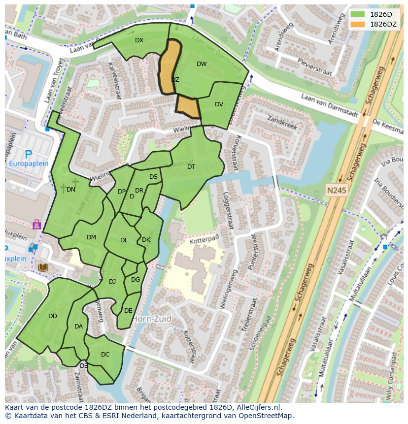 Afbeelding van het postcodegebied 1826 DZ op de kaart.