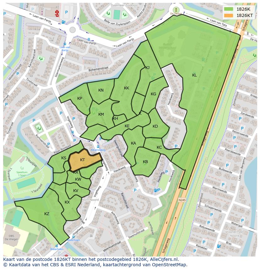 Afbeelding van het postcodegebied 1826 KT op de kaart.