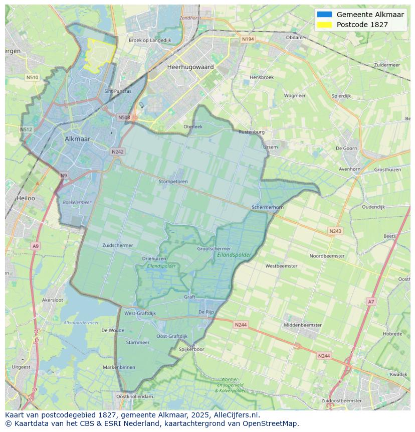 Afbeelding van het postcodegebied 1827 op de kaart.