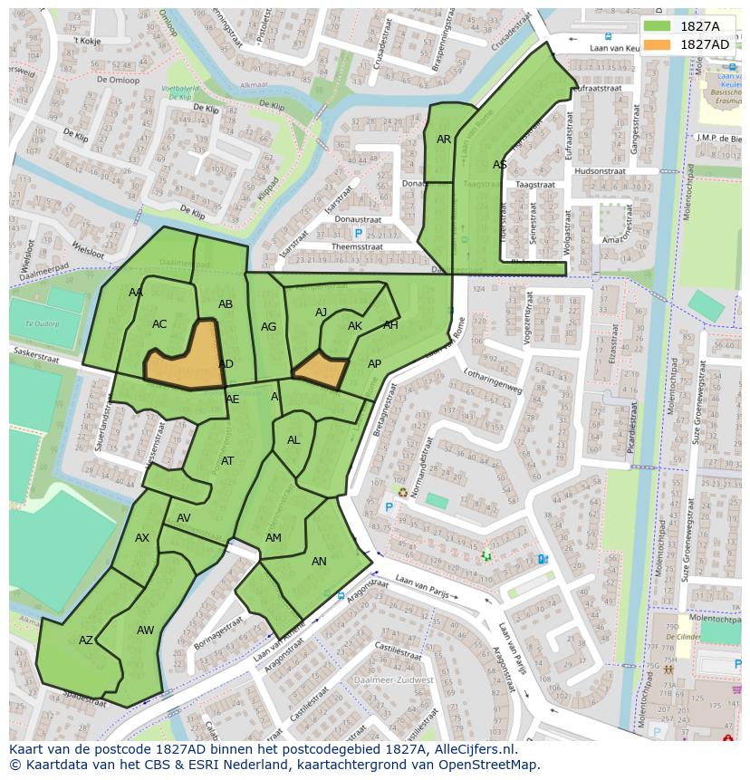 Afbeelding van het postcodegebied 1827 AD op de kaart.