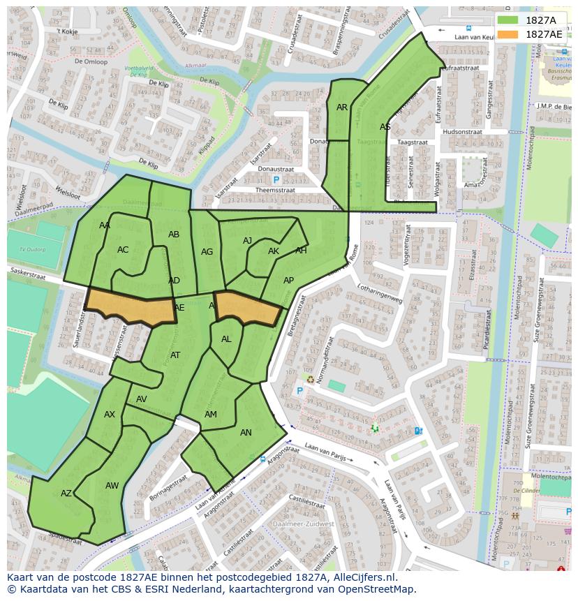 Afbeelding van het postcodegebied 1827 AE op de kaart.