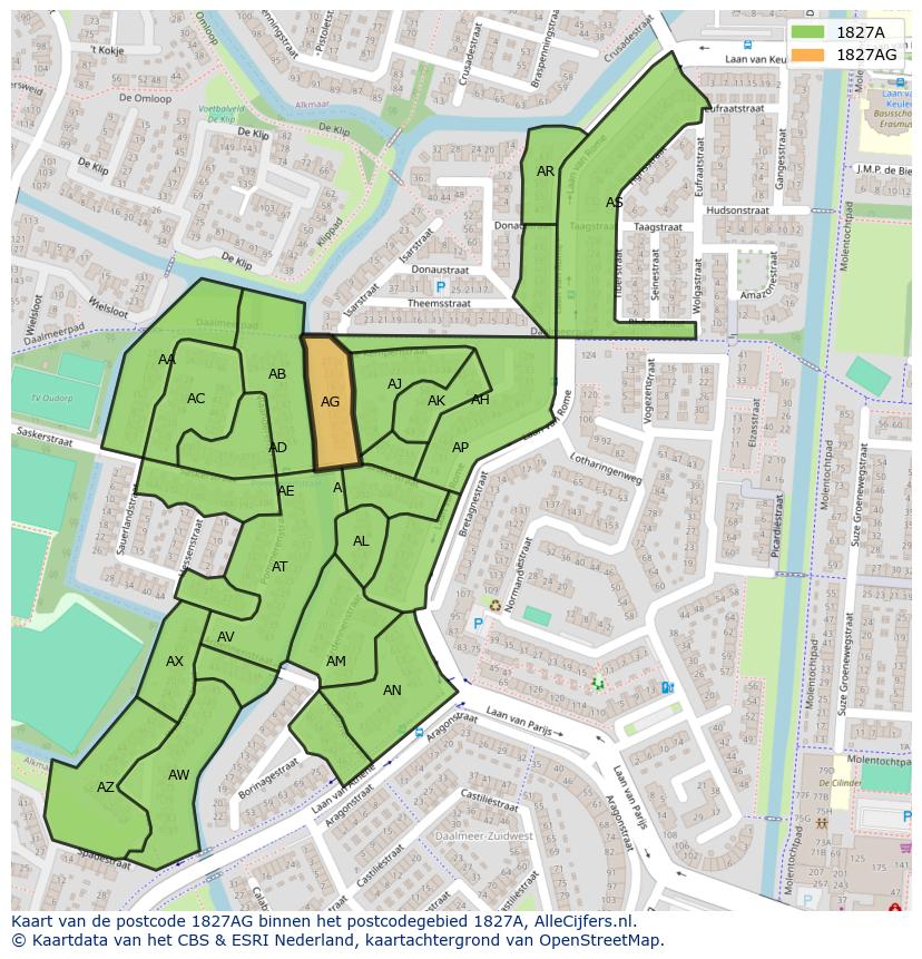 Afbeelding van het postcodegebied 1827 AG op de kaart.