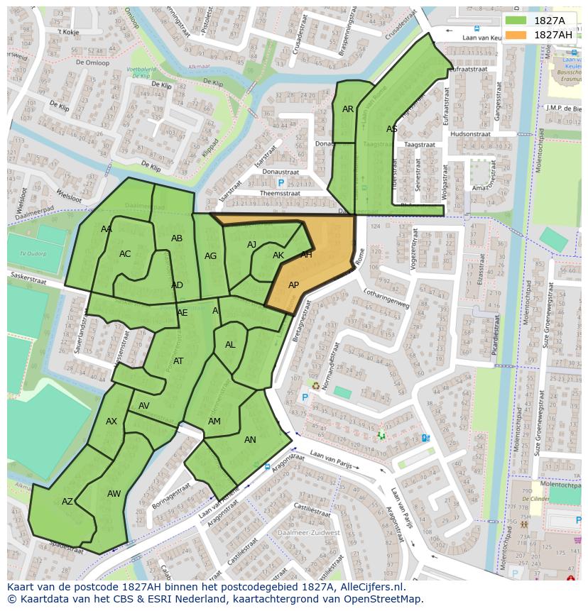 Afbeelding van het postcodegebied 1827 AH op de kaart.