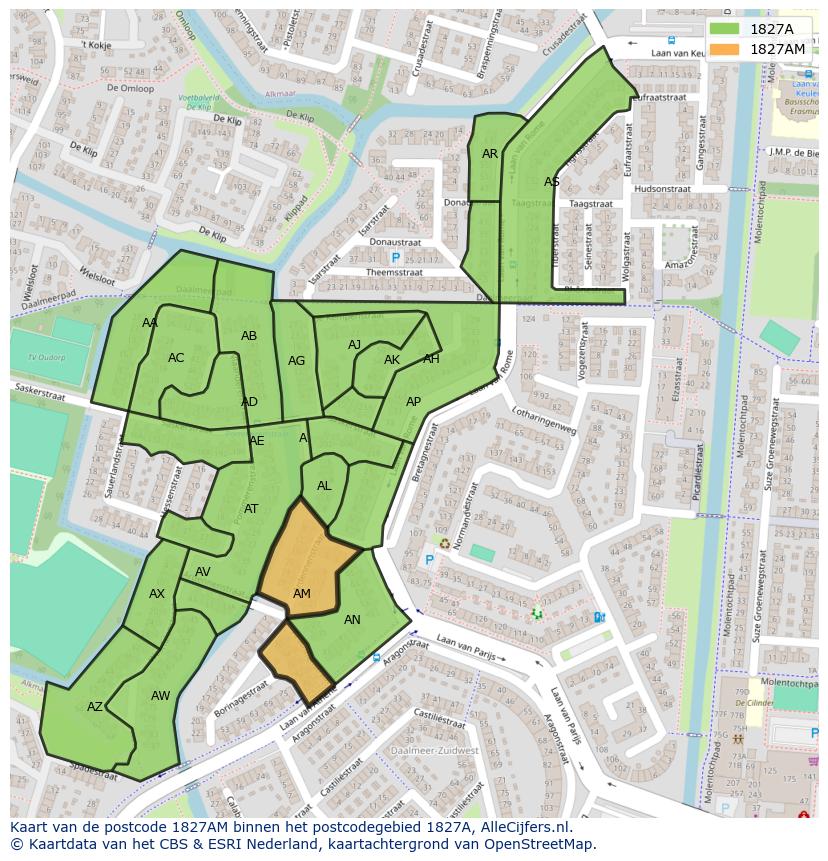 Afbeelding van het postcodegebied 1827 AM op de kaart.