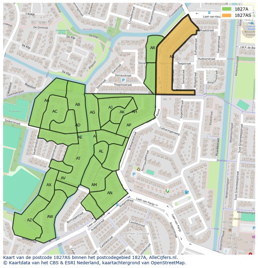 Afbeelding van het postcodegebied 1827 AS op de kaart.