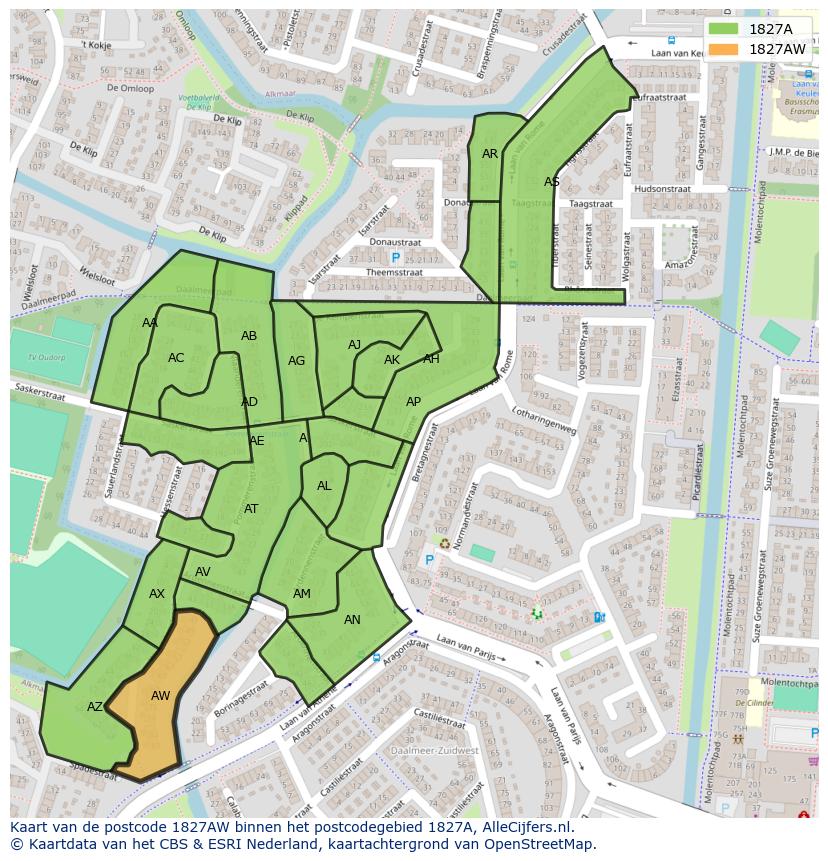 Afbeelding van het postcodegebied 1827 AW op de kaart.