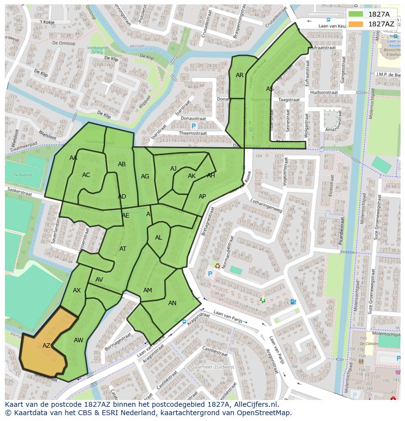 Afbeelding van het postcodegebied 1827 AZ op de kaart.