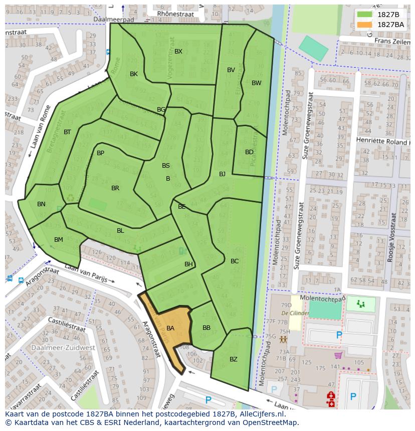 Afbeelding van het postcodegebied 1827 BA op de kaart.