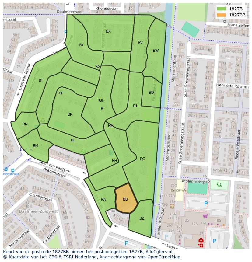 Afbeelding van het postcodegebied 1827 BB op de kaart.