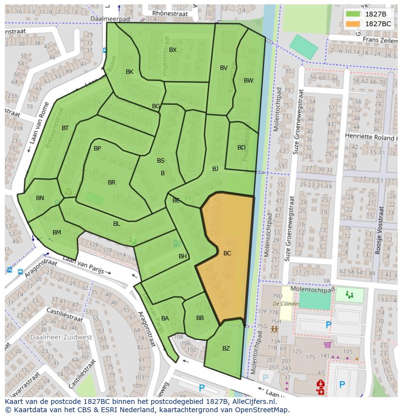 Afbeelding van het postcodegebied 1827 BC op de kaart.