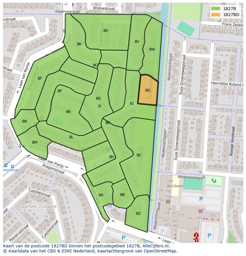 Afbeelding van het postcodegebied 1827 BD op de kaart.