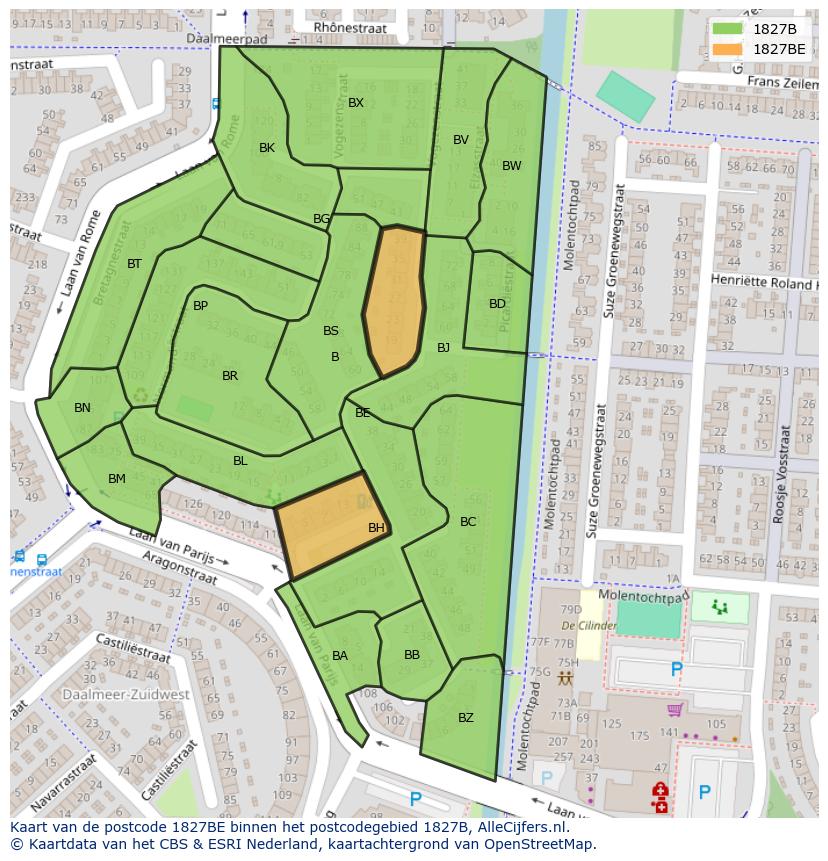 Afbeelding van het postcodegebied 1827 BE op de kaart.