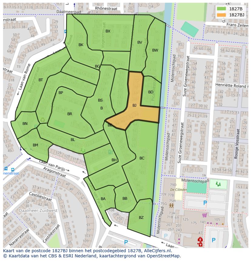 Afbeelding van het postcodegebied 1827 BJ op de kaart.