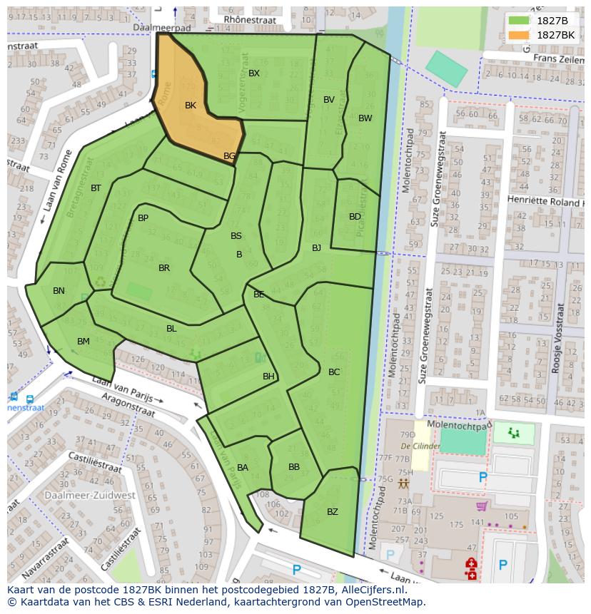Afbeelding van het postcodegebied 1827 BK op de kaart.