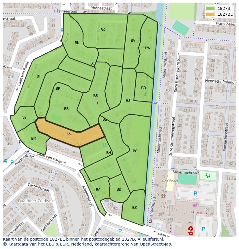 Afbeelding van het postcodegebied 1827 BL op de kaart.