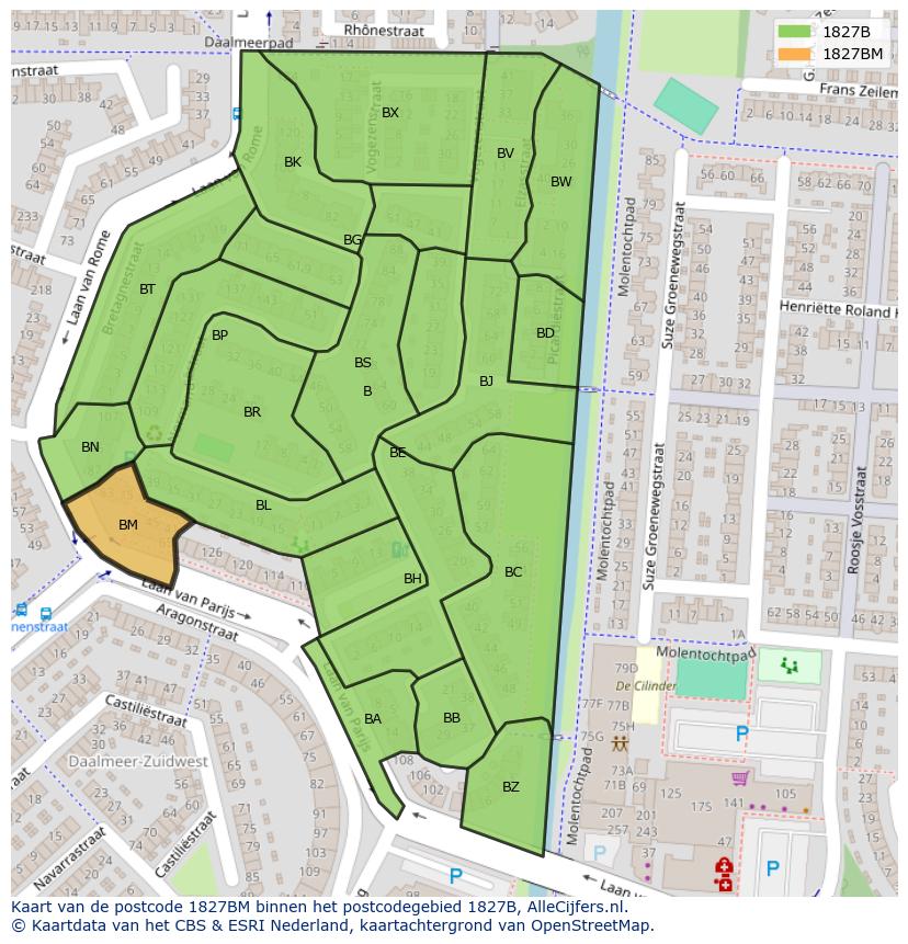 Afbeelding van het postcodegebied 1827 BM op de kaart.