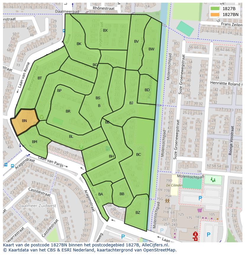 Afbeelding van het postcodegebied 1827 BN op de kaart.