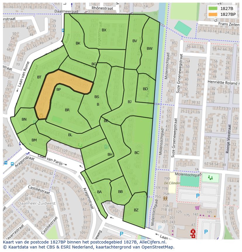 Afbeelding van het postcodegebied 1827 BP op de kaart.