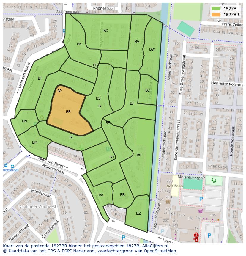 Afbeelding van het postcodegebied 1827 BR op de kaart.