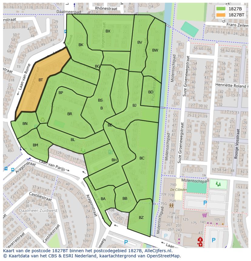 Afbeelding van het postcodegebied 1827 BT op de kaart.