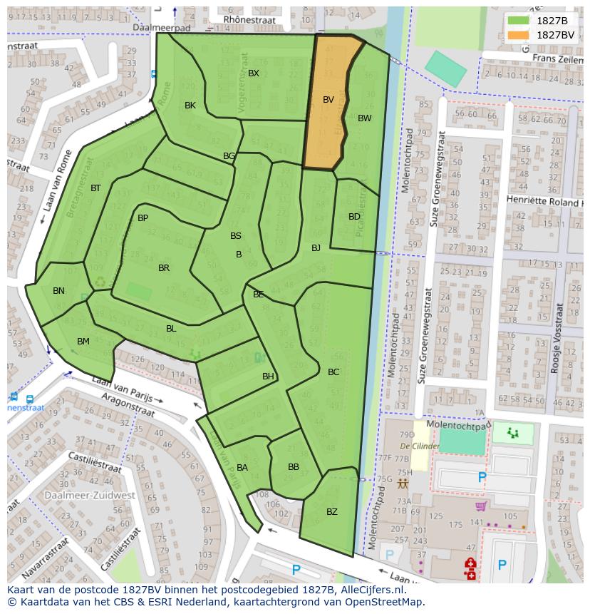 Afbeelding van het postcodegebied 1827 BV op de kaart.