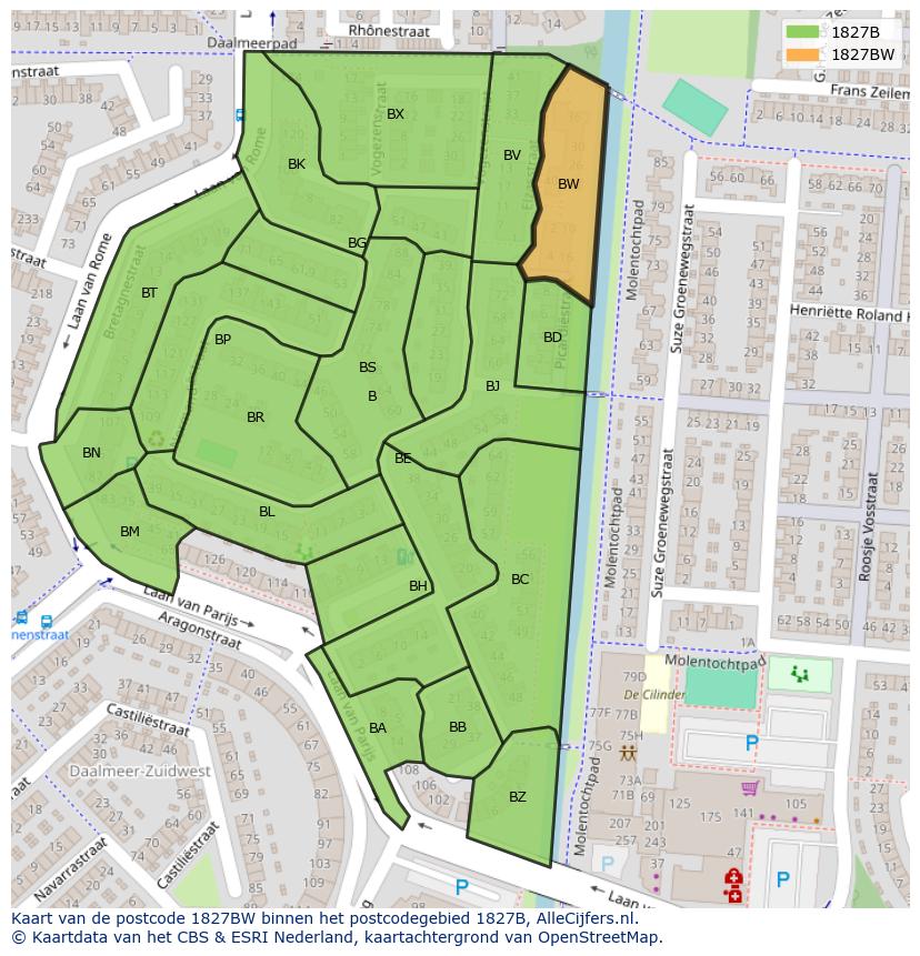 Afbeelding van het postcodegebied 1827 BW op de kaart.