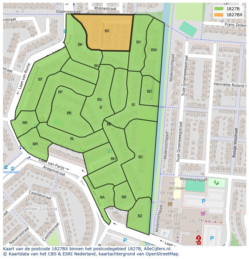 Afbeelding van het postcodegebied 1827 BX op de kaart.