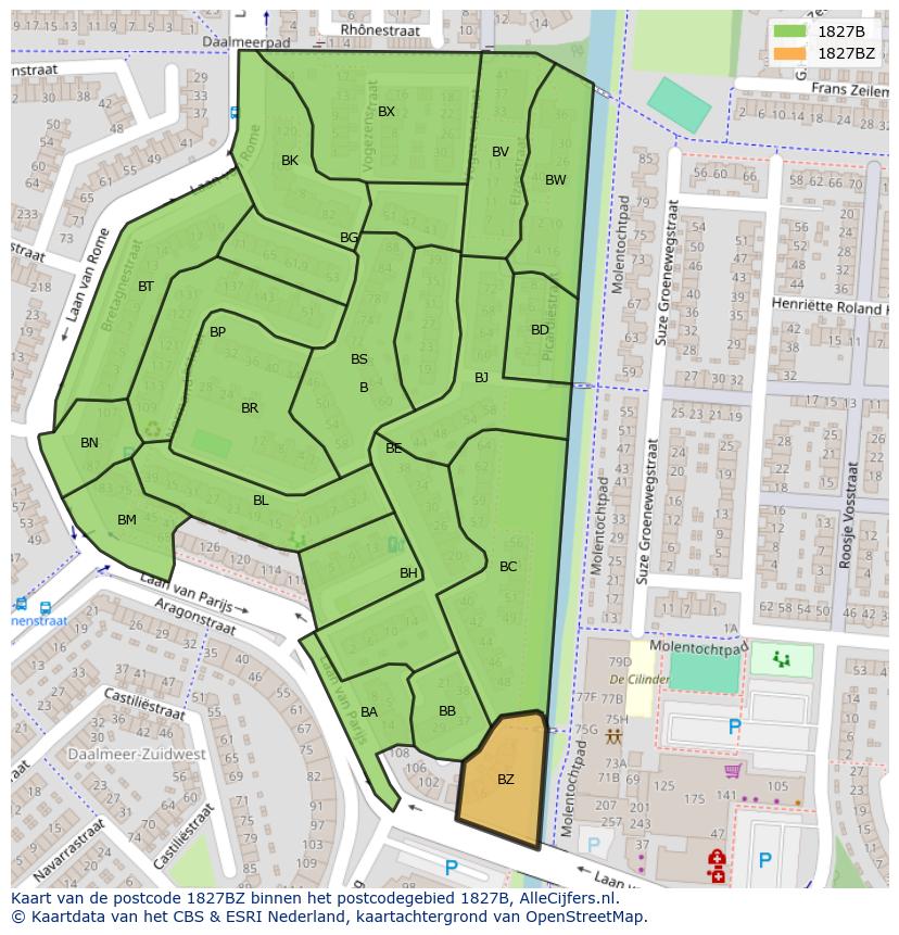 Afbeelding van het postcodegebied 1827 BZ op de kaart.