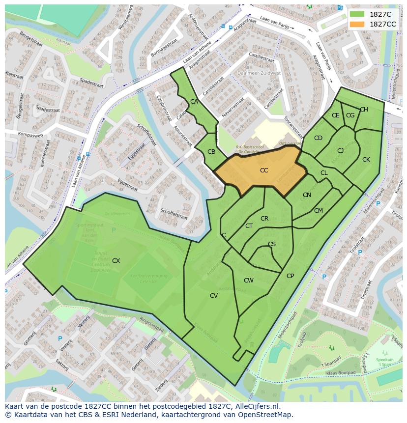 Afbeelding van het postcodegebied 1827 CC op de kaart.