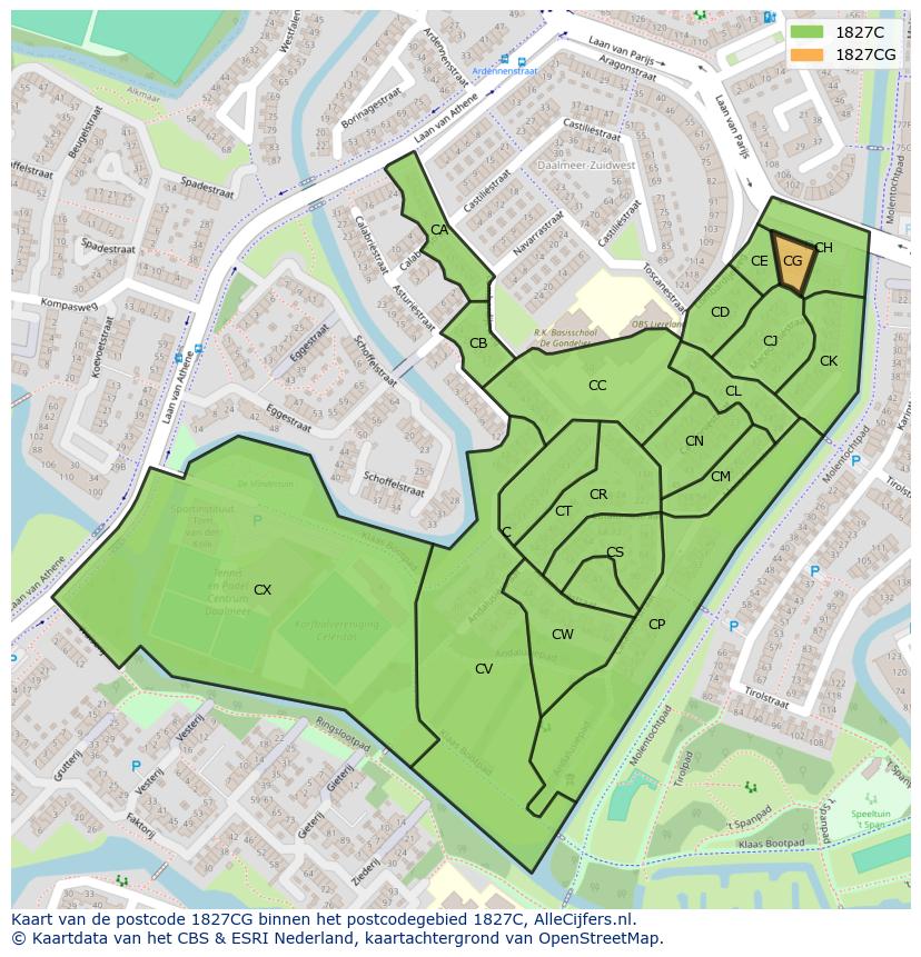 Afbeelding van het postcodegebied 1827 CG op de kaart.