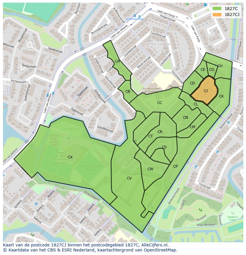 Afbeelding van het postcodegebied 1827 CJ op de kaart.