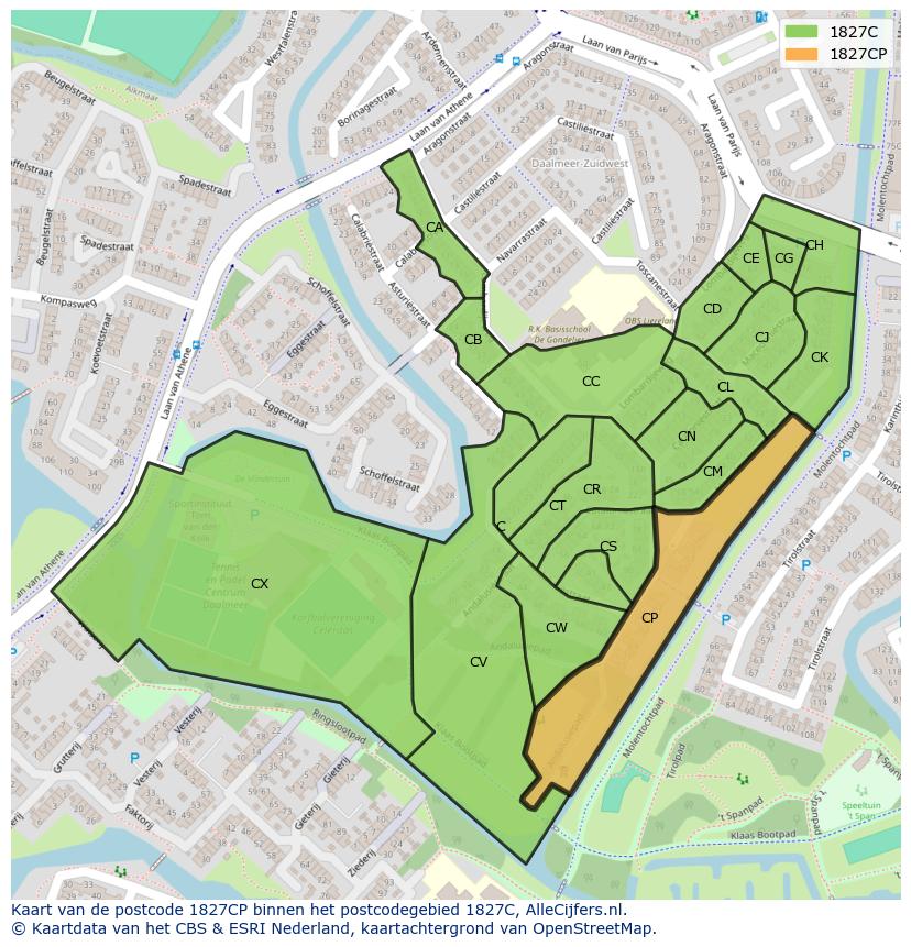 Afbeelding van het postcodegebied 1827 CP op de kaart.