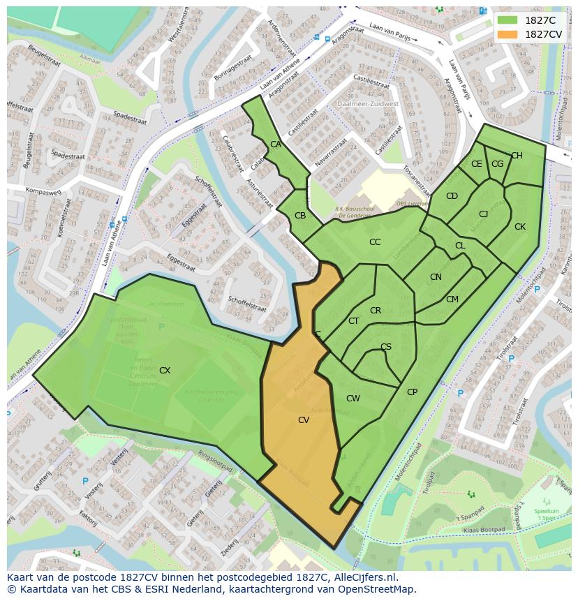 Afbeelding van het postcodegebied 1827 CV op de kaart.