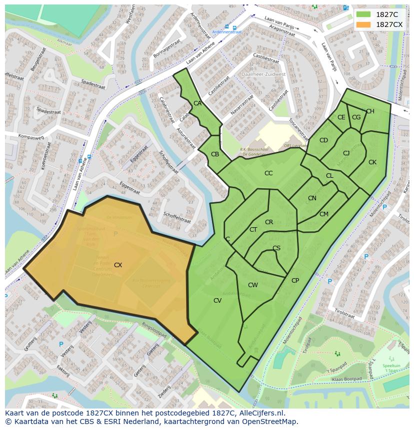 Afbeelding van het postcodegebied 1827 CX op de kaart.