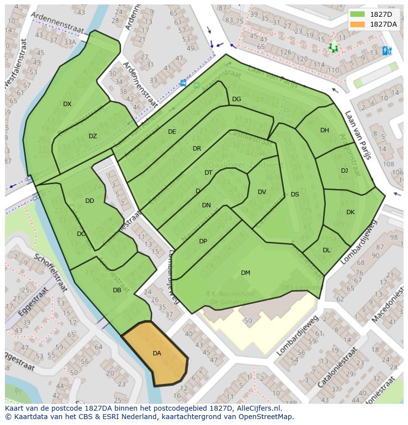 Afbeelding van het postcodegebied 1827 DA op de kaart.