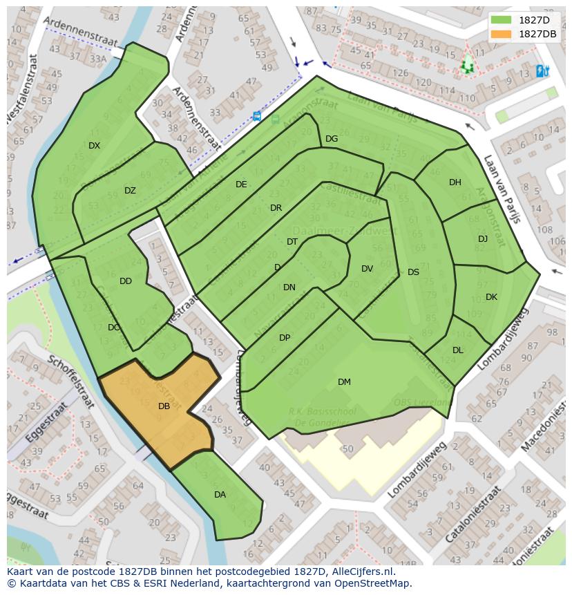 Afbeelding van het postcodegebied 1827 DB op de kaart.