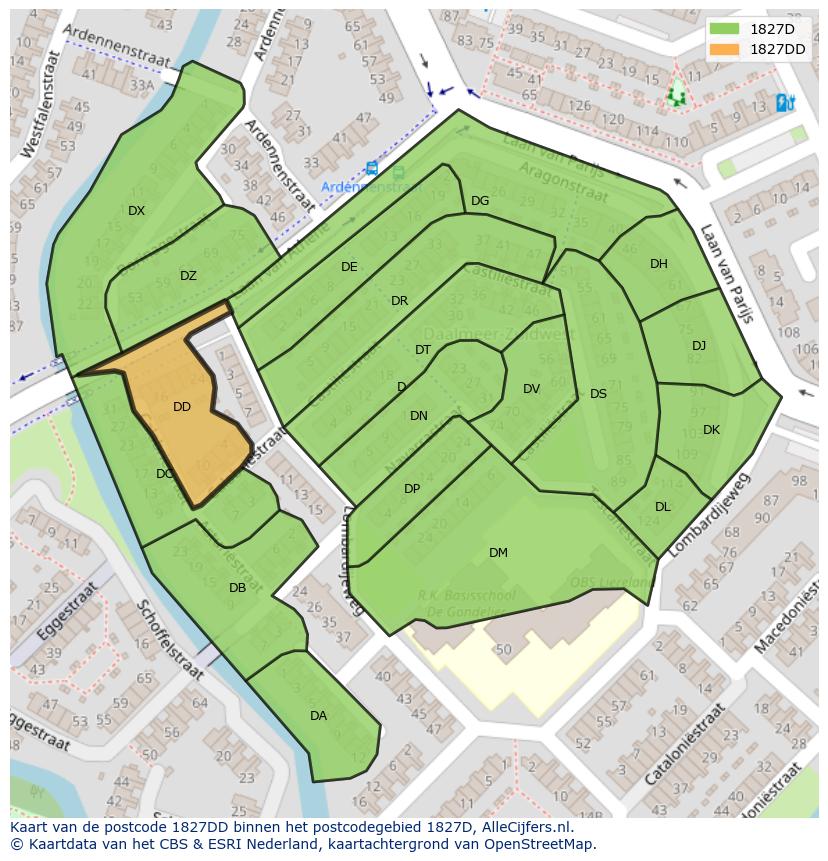 Afbeelding van het postcodegebied 1827 DD op de kaart.