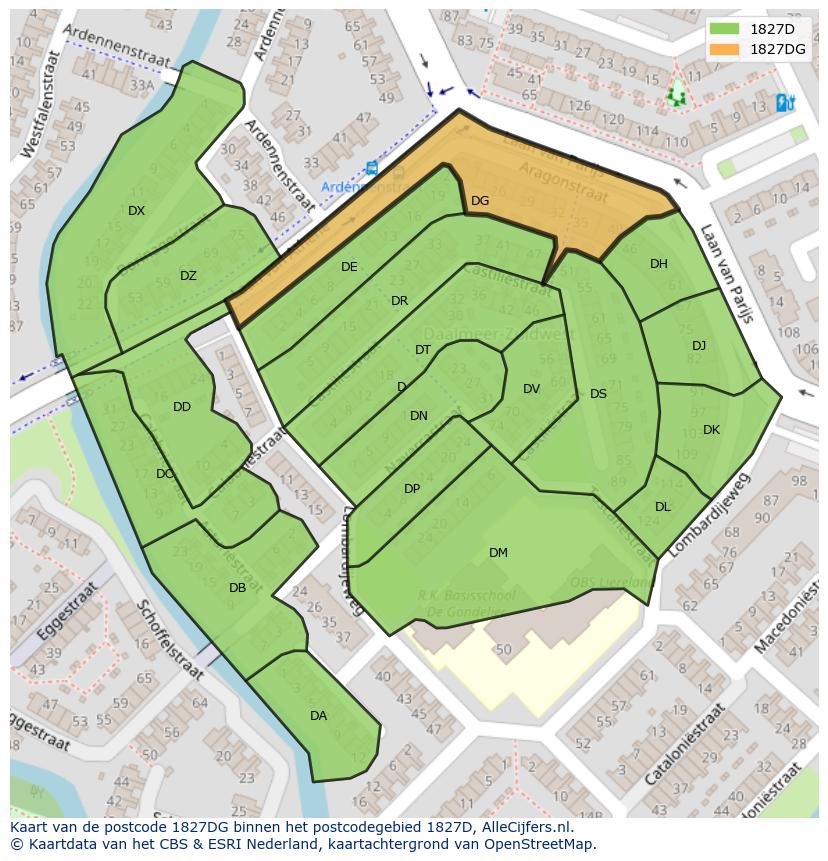 Afbeelding van het postcodegebied 1827 DG op de kaart.