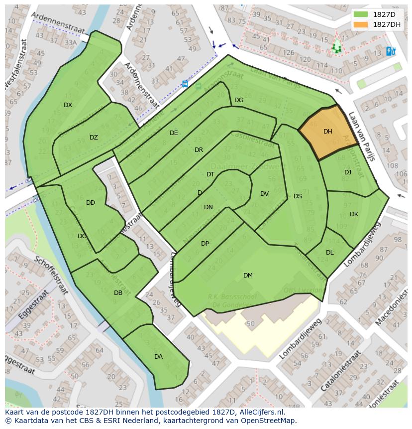 Afbeelding van het postcodegebied 1827 DH op de kaart.