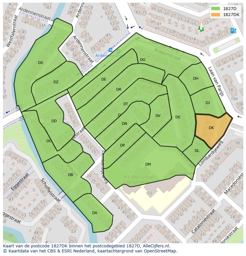 Afbeelding van het postcodegebied 1827 DK op de kaart.