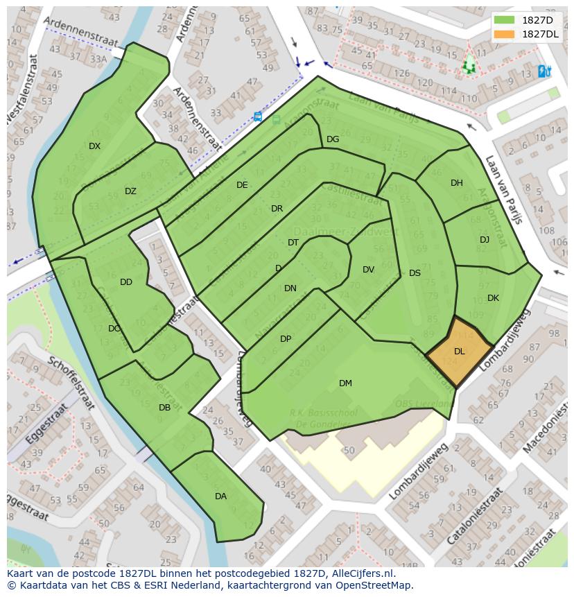 Afbeelding van het postcodegebied 1827 DL op de kaart.
