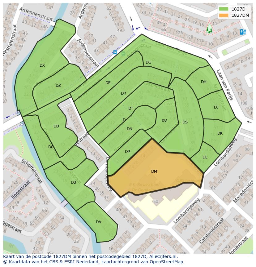 Afbeelding van het postcodegebied 1827 DM op de kaart.
