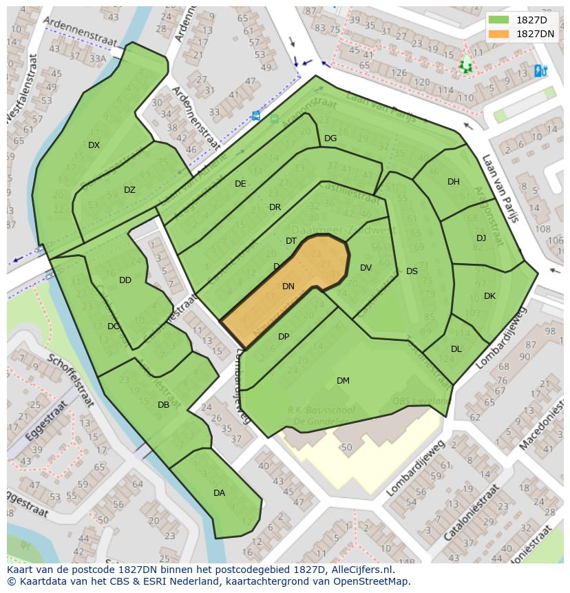 Afbeelding van het postcodegebied 1827 DN op de kaart.