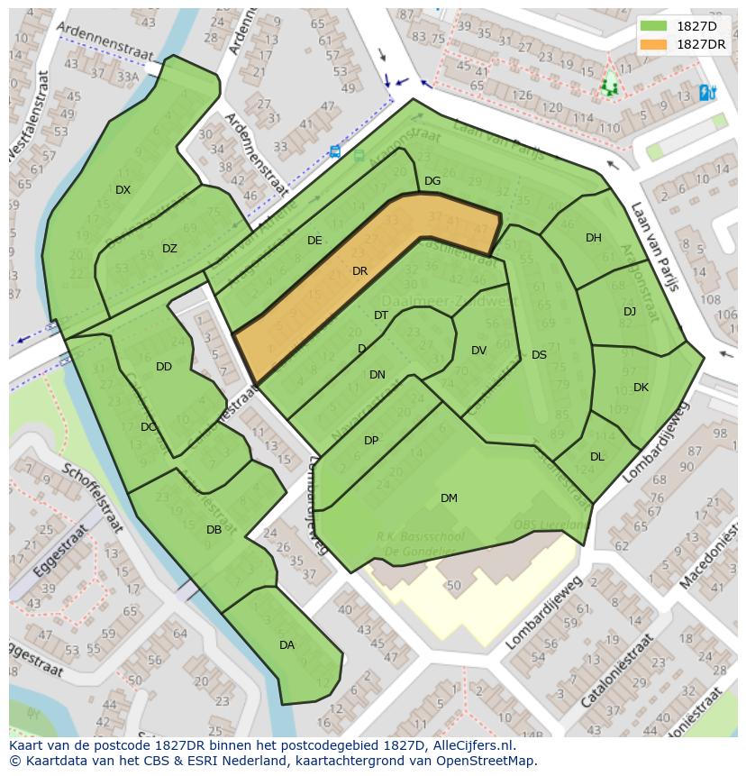 Afbeelding van het postcodegebied 1827 DR op de kaart.