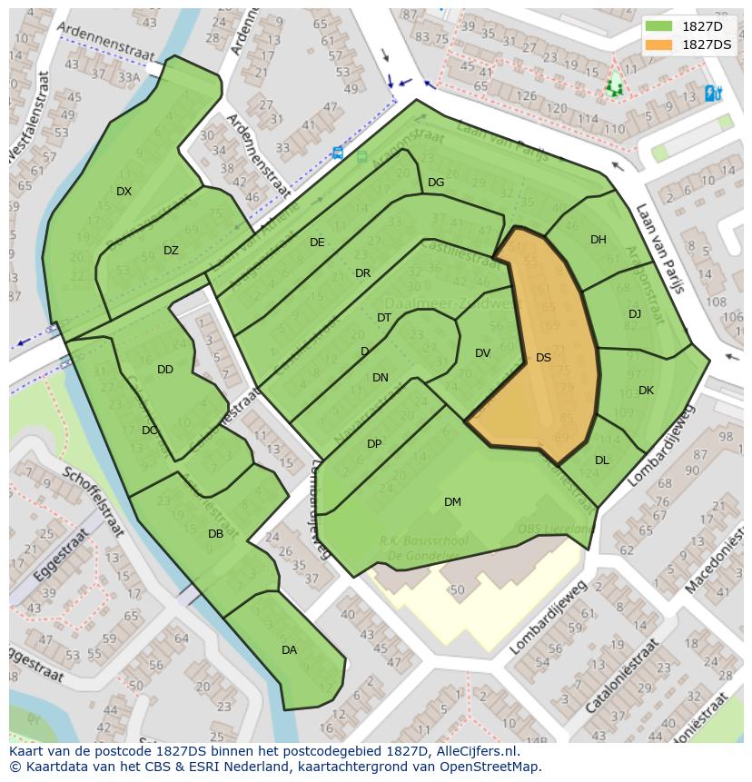 Afbeelding van het postcodegebied 1827 DS op de kaart.