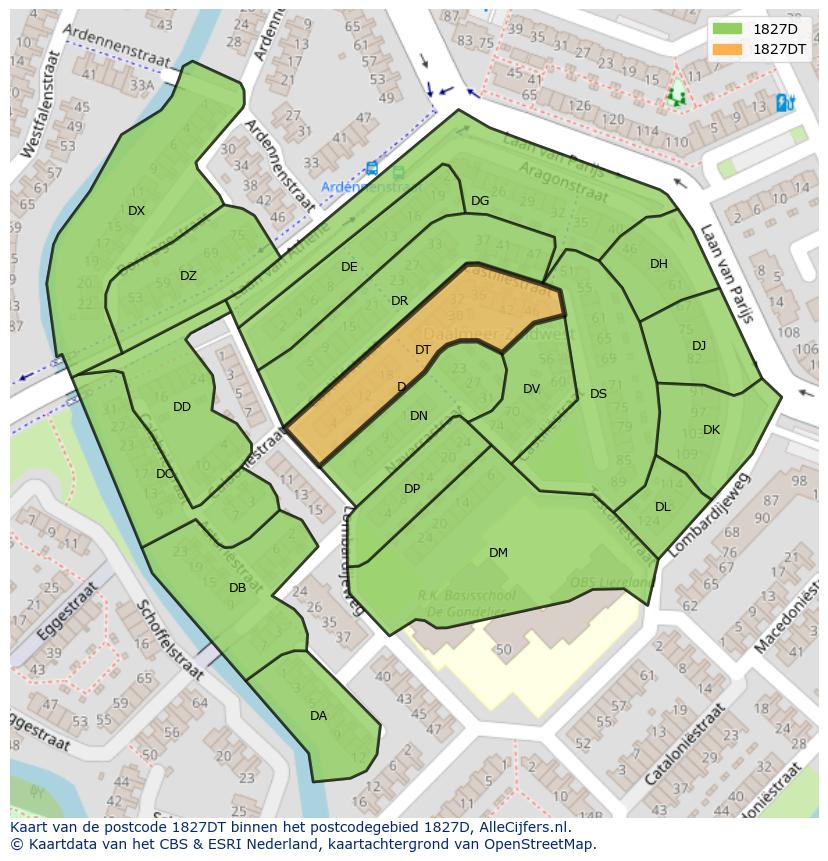 Afbeelding van het postcodegebied 1827 DT op de kaart.